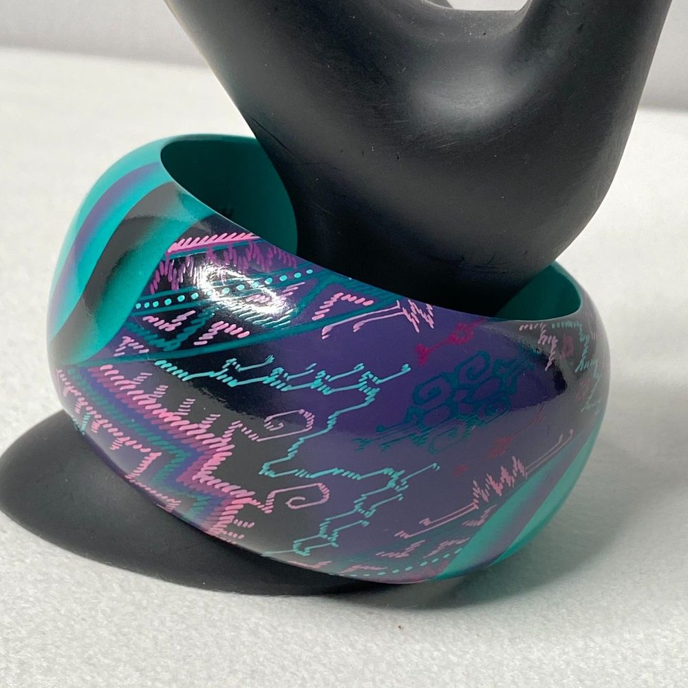 💎ATC Chunky Bangle Bracelet Wood Solid Green Abstract Multi Color Block